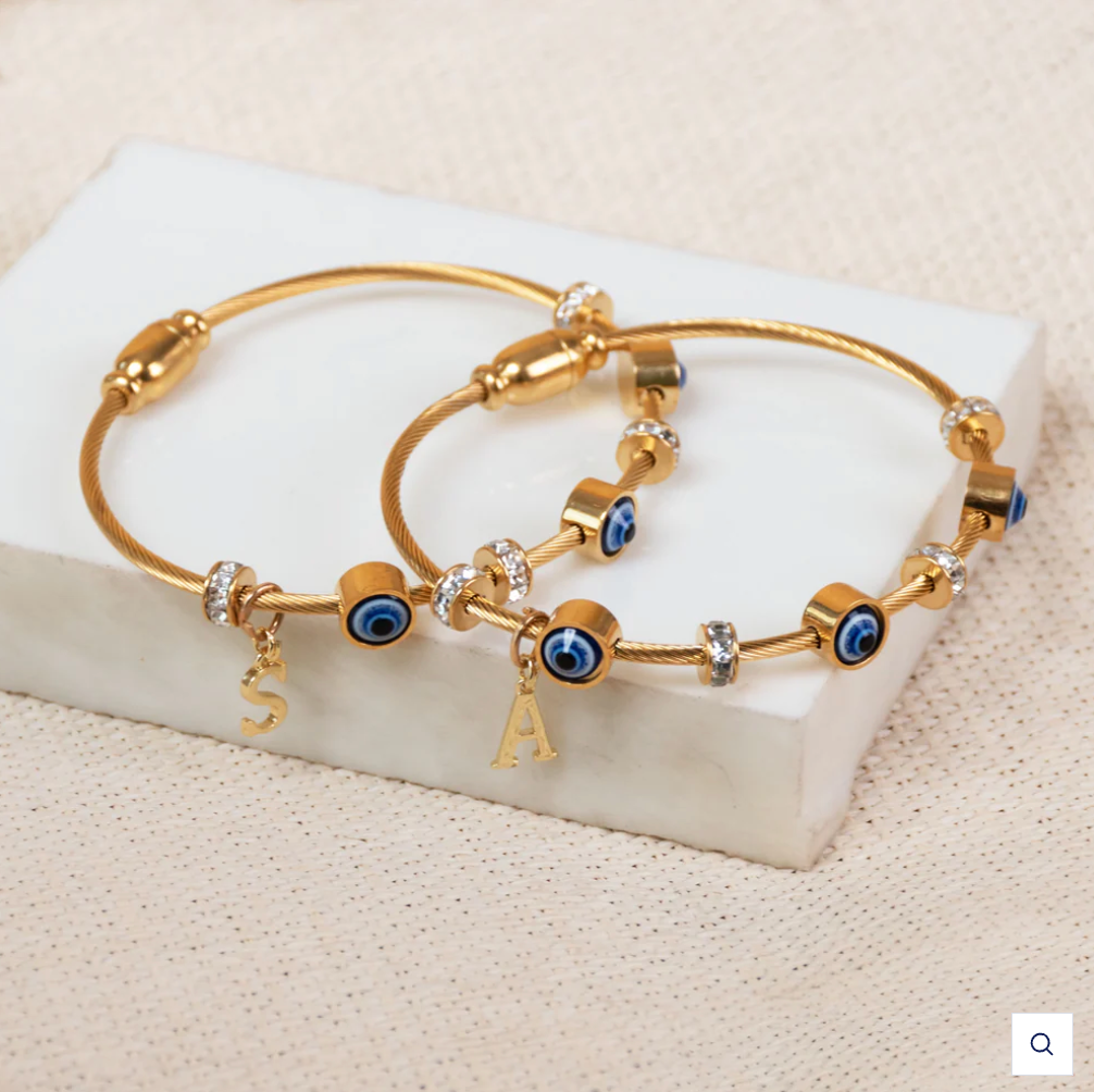 18K Gold Plated Evil Eye Bangle with Initial