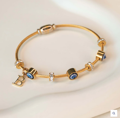 18K Gold Plated Evil Eye Bangle with Initial