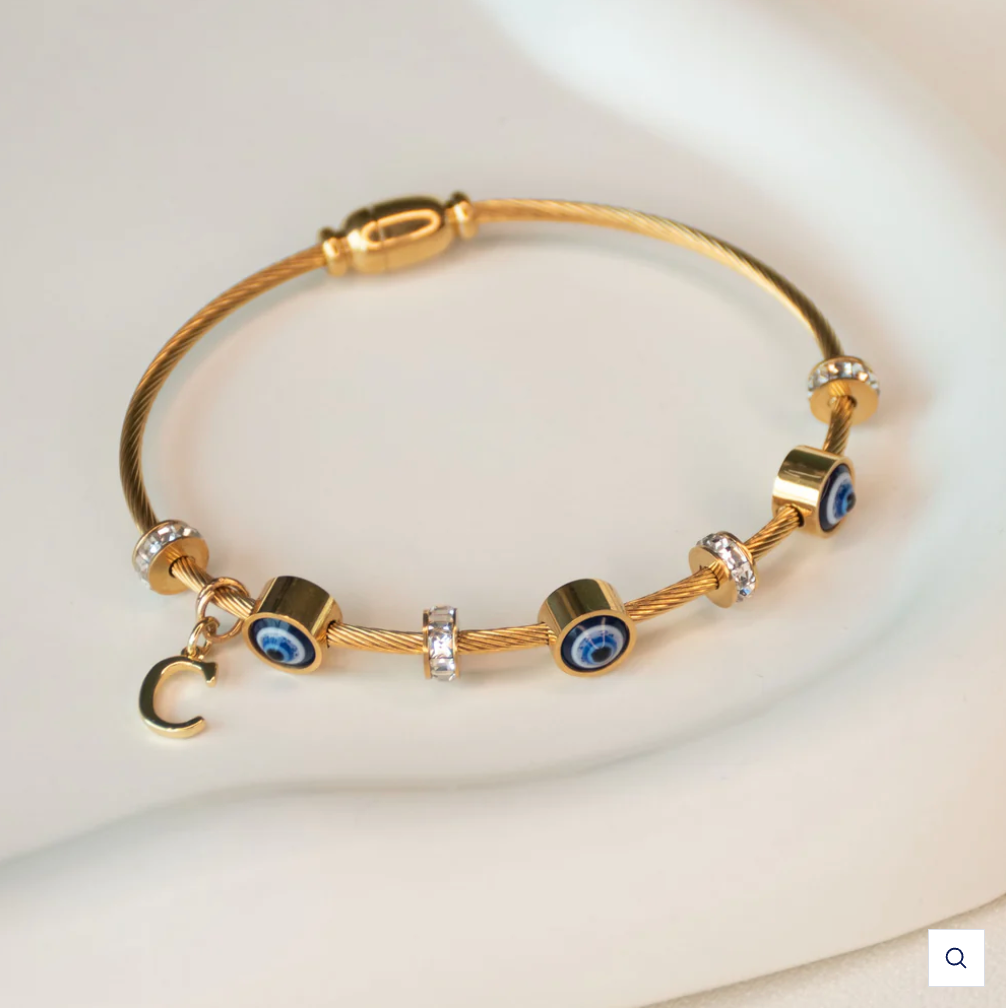 18K Gold Plated Evil Eye Bangle with Initial