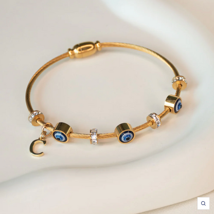 18K Gold Plated Evil Eye Bangle with Initial