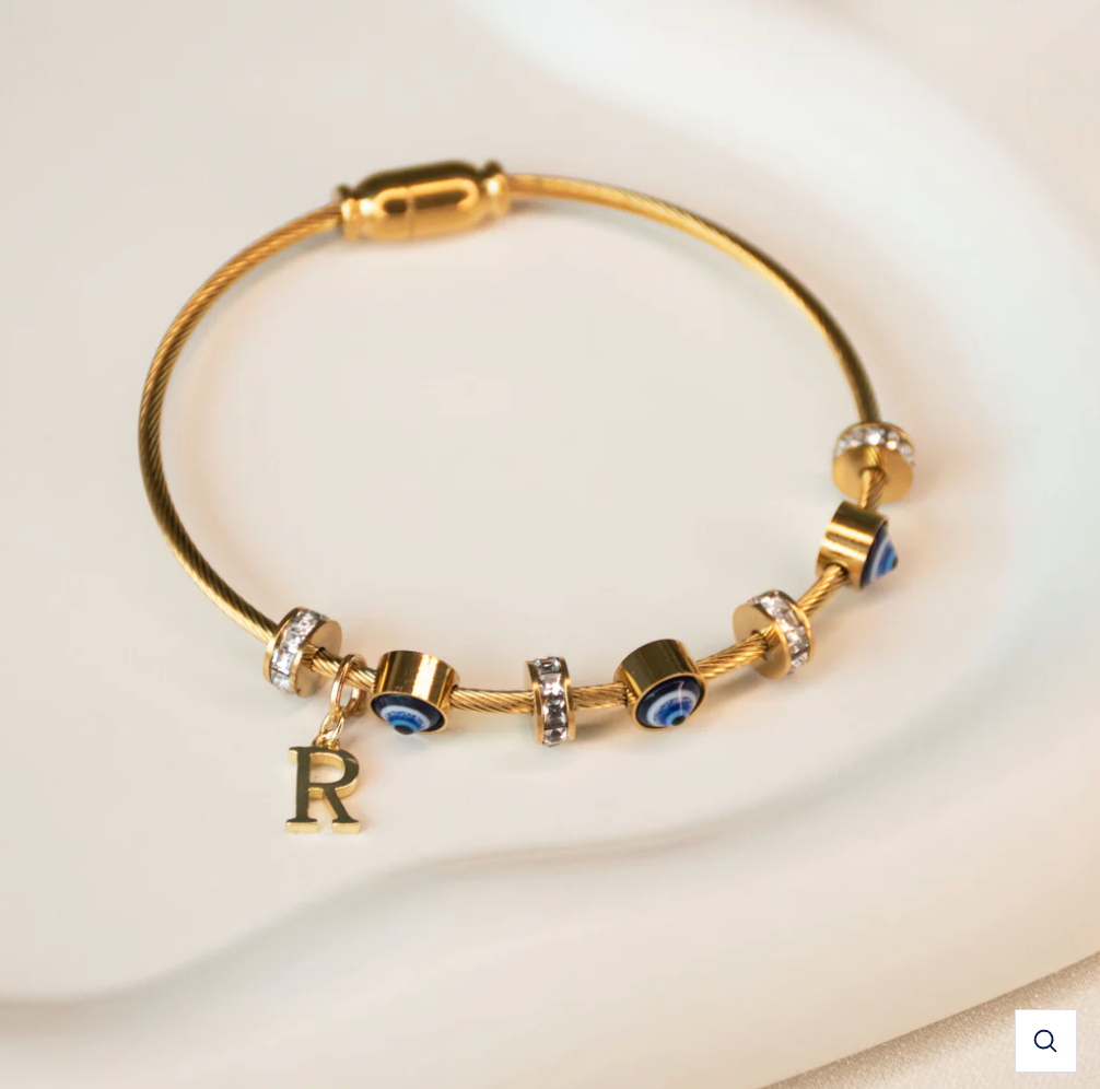 18K Gold Plated Evil Eye Bangle with Initial