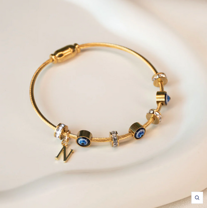 18K Gold Plated Evil Eye Bangle with Initial