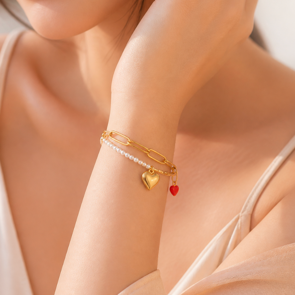 Dual Heart Pearl Bracelet